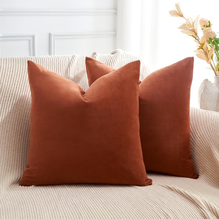 Throw Pillow Covers Rust Set of 2 18x18 Inch Pillow Covers, Soft Velvet Fall Decorative Cases for Couch Sofa Bed, Home Boho Decor, Modern Farmhouse Cushion Covers