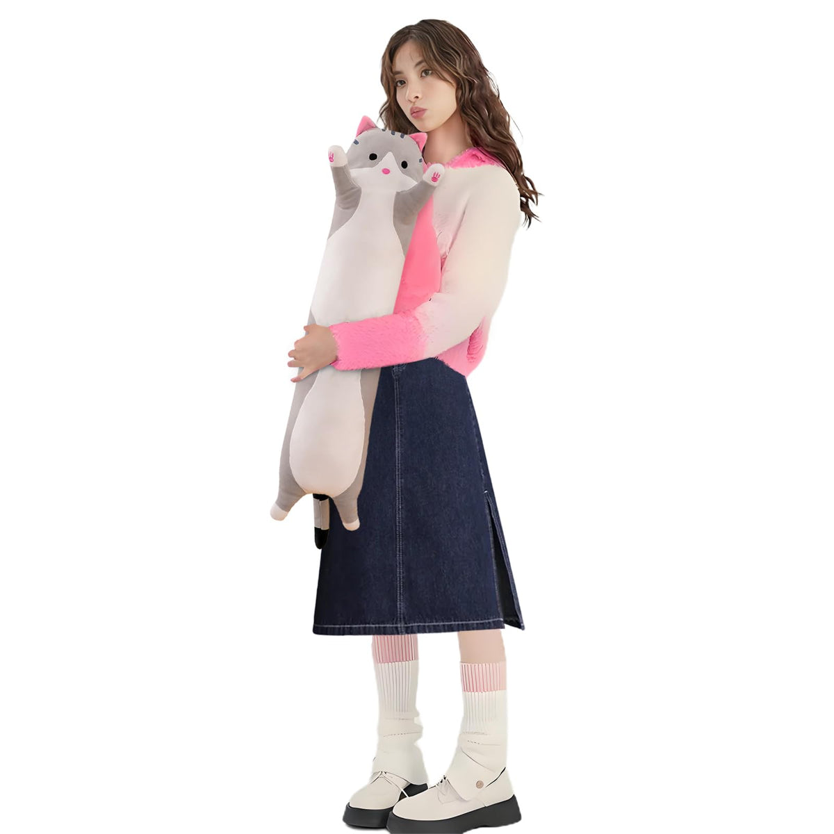 Shangman Long Cat Plush Pillow Stuffed Animal Toy Gift for Kids Grey 19.6in
