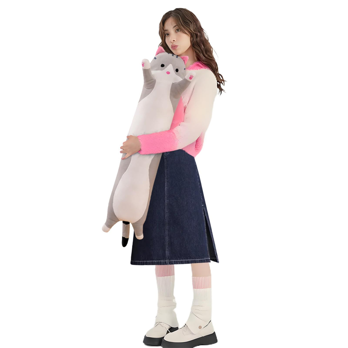 Shangman Long Cat Plush Pillow Stuffed Animal Toy Gift for Kids Grey 19.6in