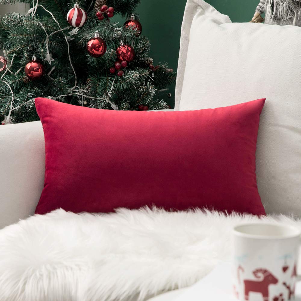 MIULEE 12x20 Inch Lumbar Velvet Christmas Throw Pillow Cover Army Green
