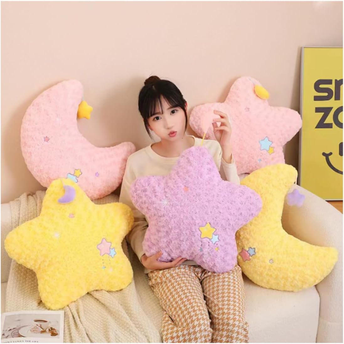 Star/Moon Pillows，20" Decorative Star Shaped Throw Pillow，Soft Bedside Sofa Pillows，for Home Decoration as Birthday (Pink Moon)