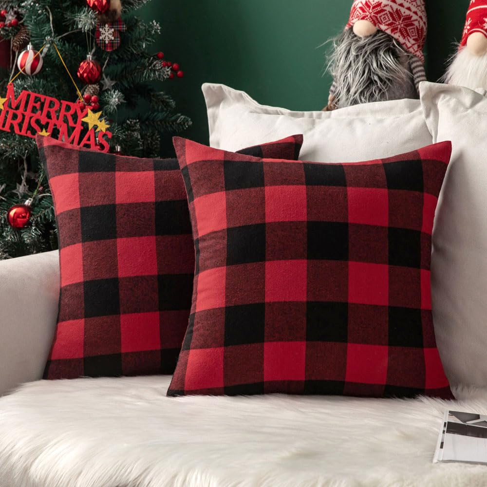 MIULEE Christmas Plaid Pillow Covers 18x18 White and Red Pack of 2