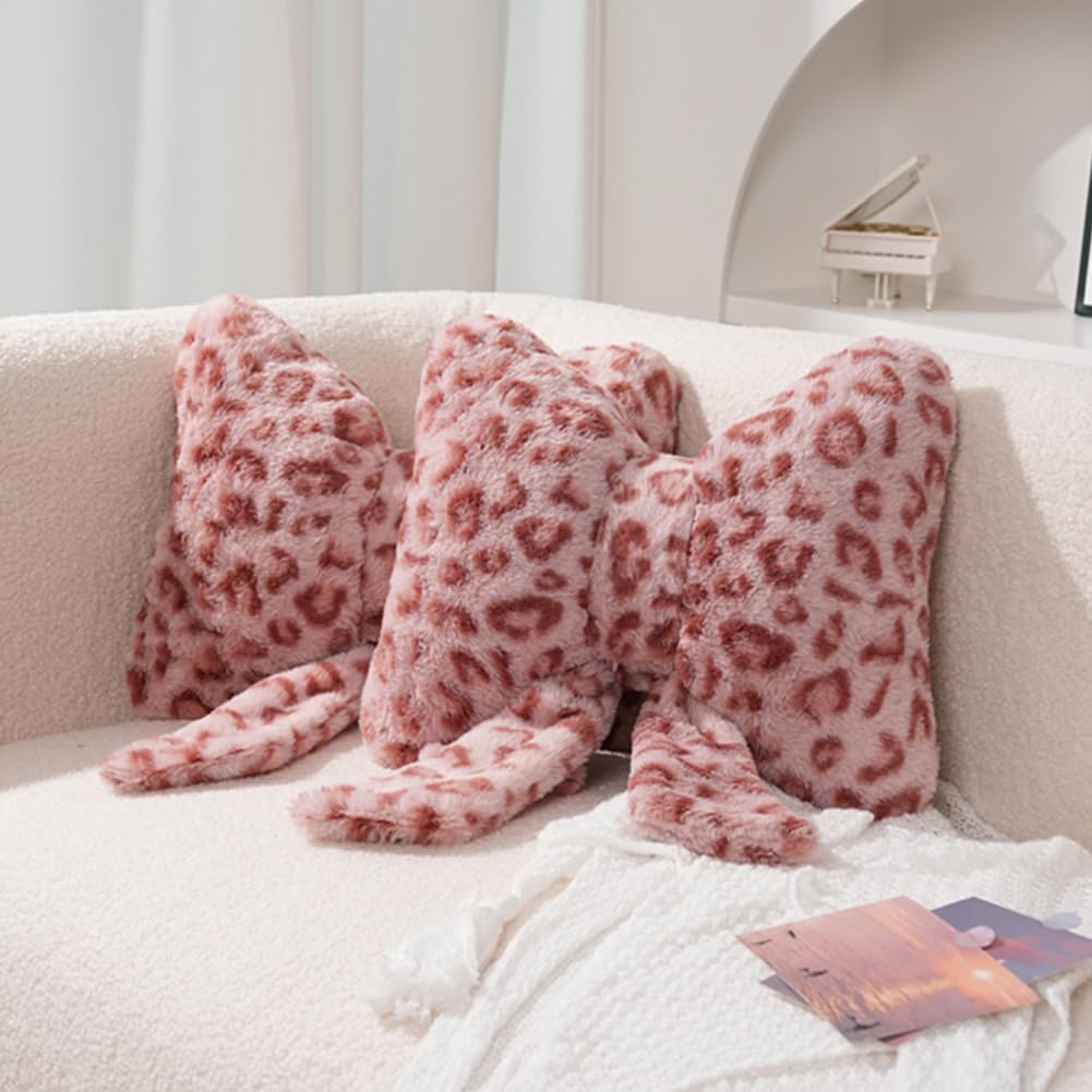 2Pcs Leopard Print Bow Throw Pillow Furry Bow Plush Pillows Cute Flower Plush Pillow Cheetah Home Decor Stuffed Bow Lumbar Pillow for Bed Couch Living Room Decor (Brown, 16in Bowknot)