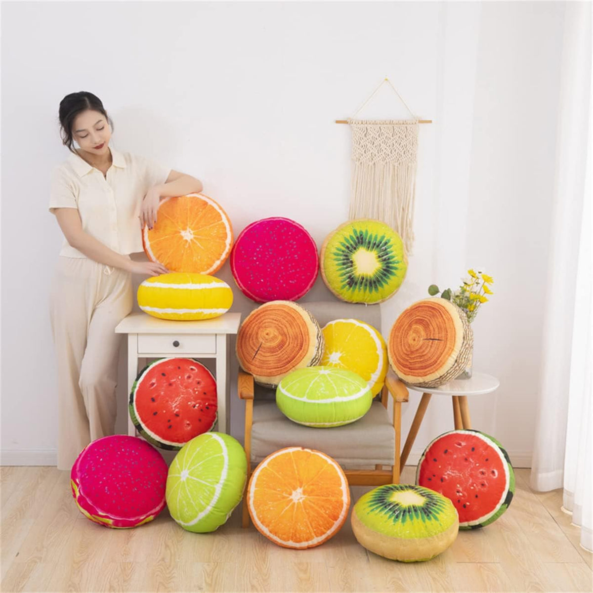 Fruit Pillow Creative Home Sofa Tatami Pillow Watermelon Futon Shaped Round Cushion Pillow(Green Lemon,35cm)