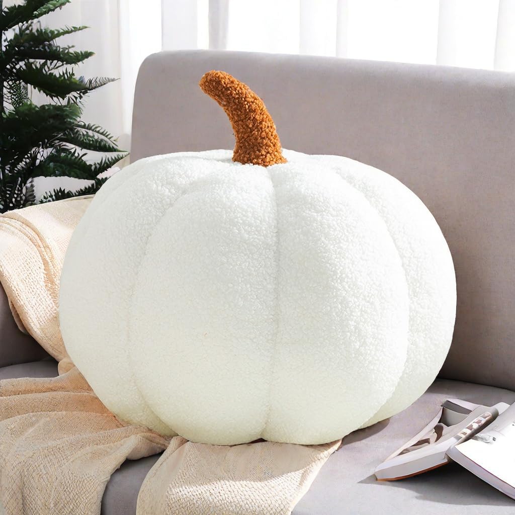 Simulated Pumpkin Pillow, Halloween Pumpkin Throw Pillow Cushion, 3D Pumpkin Shaped Pillow, Fall Decorations Stuffed Pillows for Thanksgiving, Christmas Bedroom Sofa Couch (White, 20CM)