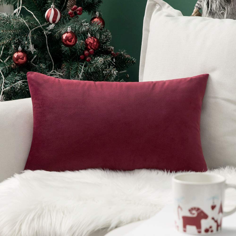 MIULEE 12x20 Inch Lumbar Velvet Christmas Throw Pillow Cover Army Green