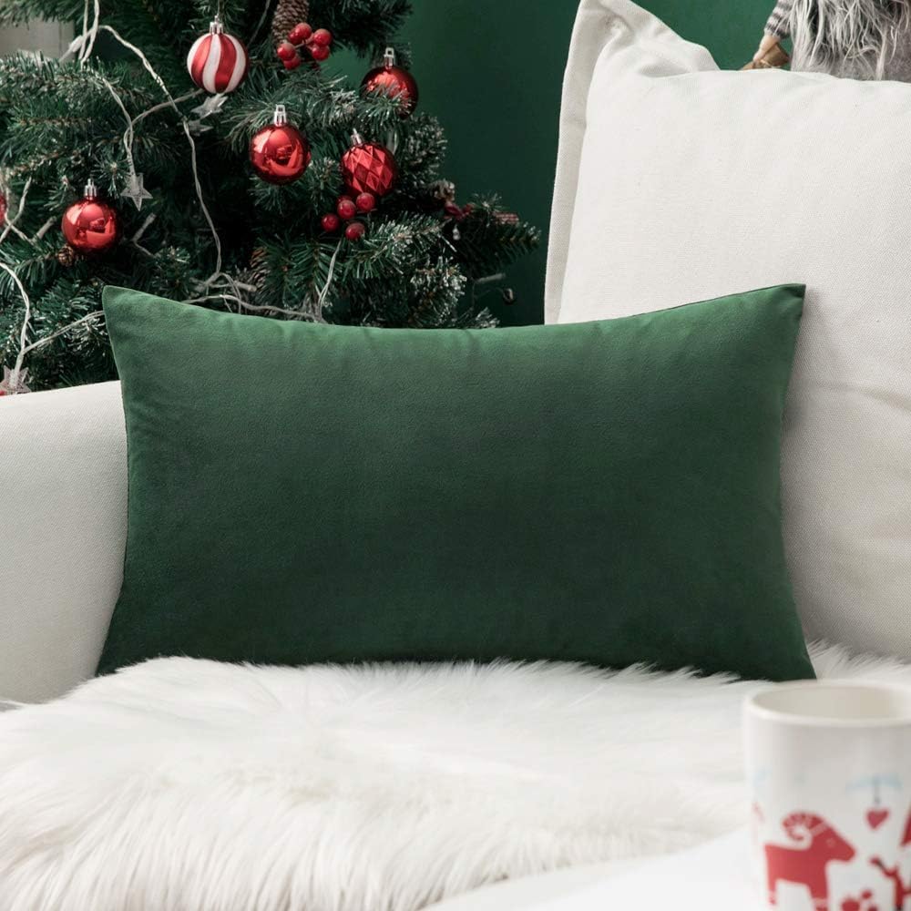 MIULEE 12x20 Inch Lumbar Velvet Christmas Throw Pillow Cover Army Green