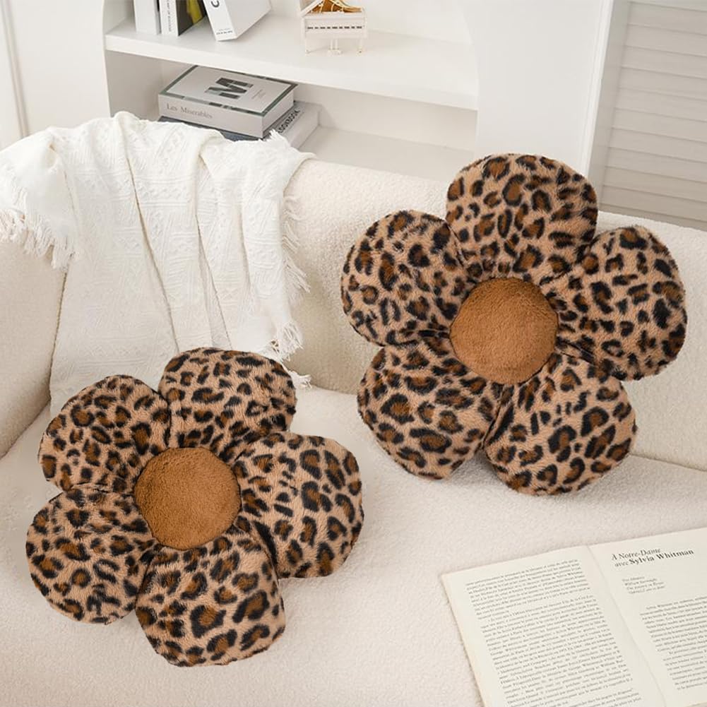 2Pcs Leopard Print Bow Throw Pillow Furry Bow Plush Pillows Cute Flower Plush Pillow Cheetah Home Decor Stuffed Bow Lumbar Pillow for Bed Couch Living Room Decor (Brown, 16in Bowknot)