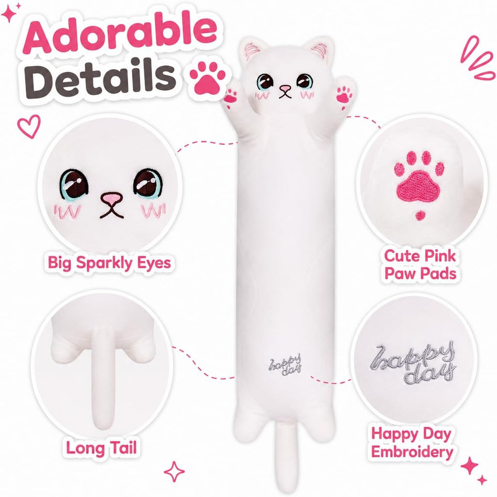 Cat Soft Plush Pillow Cute Cat Plush, Long Stuffed Cat Toy Kitten Gift for Kids Girlfriend(50CM,White)