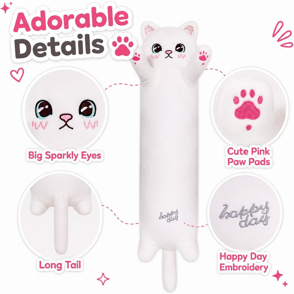 Cat Soft Plush Pillow Cute Cat Plush, Long Stuffed Cat Toy Kitten Gift for Kids Girlfriend(50CM,White)