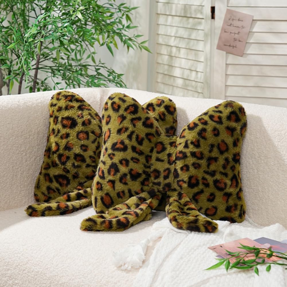 2Pcs Leopard Print Bow Throw Pillow Furry Bow Plush Pillows Cute Flower Plush Pillow Cheetah Home Decor Stuffed Bow Lumbar Pillow for Bed Couch Living Room Decor (Brown, 16in Bowknot)