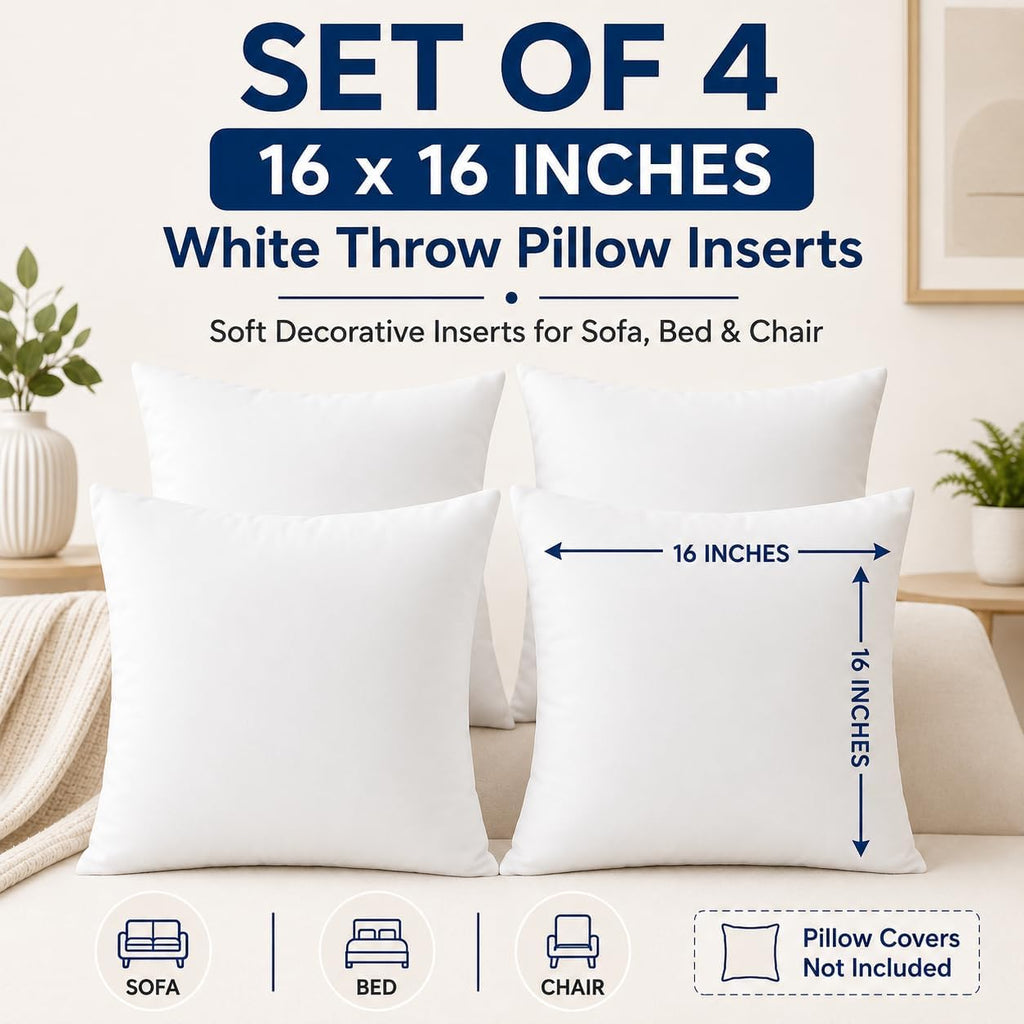 Calibrate Timing 16 x 16 inches Pillow Inserts, Set of 4 Hypoallergenic Brushed Microfiber Liner Down Alternative Filled Square Cushion Throw Pillow