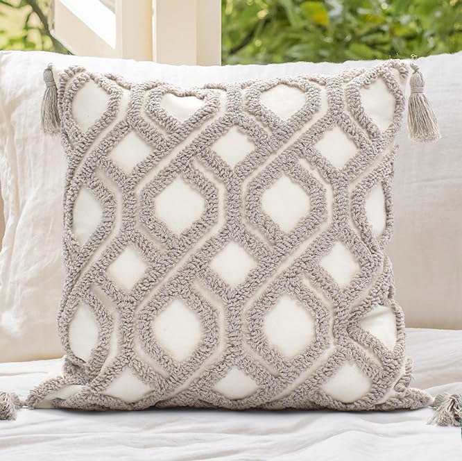 Boho Sofa Throw Pillow Covers – Exquisitely Crafted with Hand-Finished Tuft with Thick Cotton Tassel Details – Soft & Stylish Moroccan Decorative, 18x18inch (Spring Ruched)