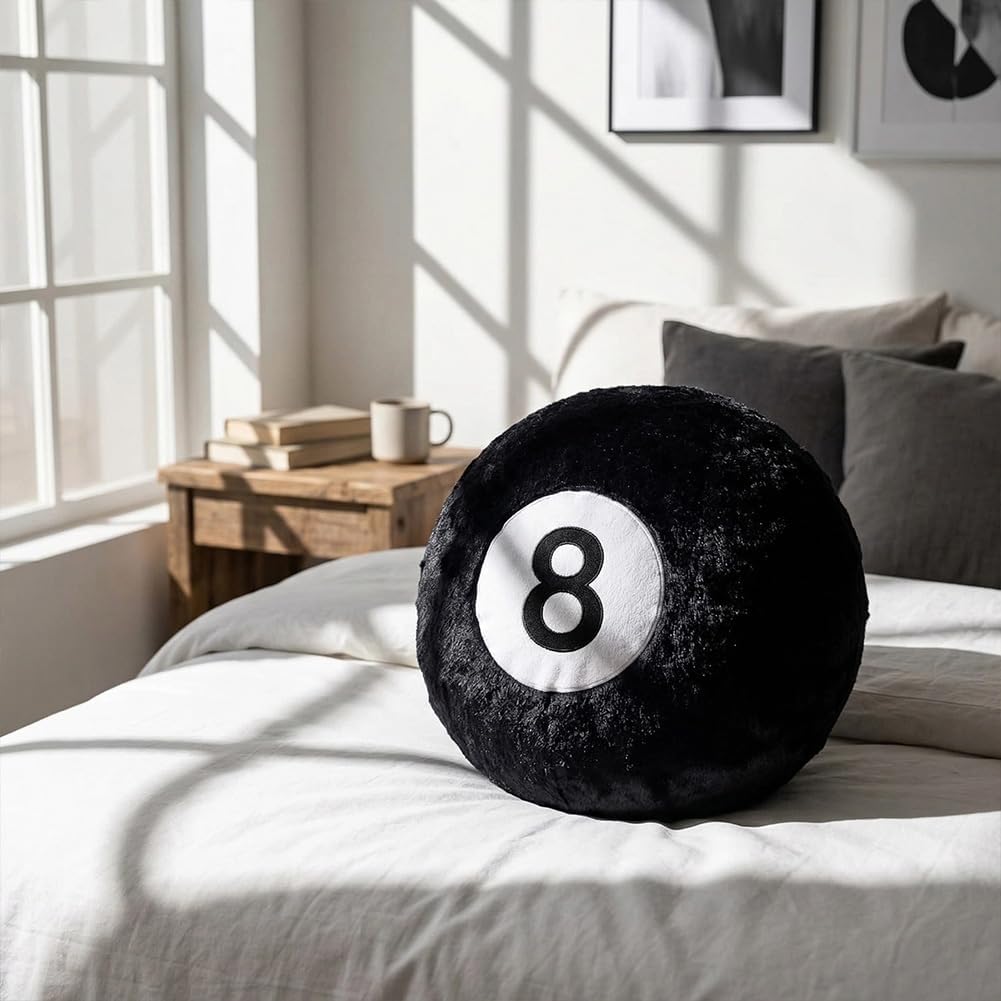 Black 8 Ball Pillow,14 inch 8 Ball Throw Pillow Soft Faux Fur Round Decorative Cushion Hugging Pillow for Home Bed, Sofa, Couch, Bedroom & Living Room