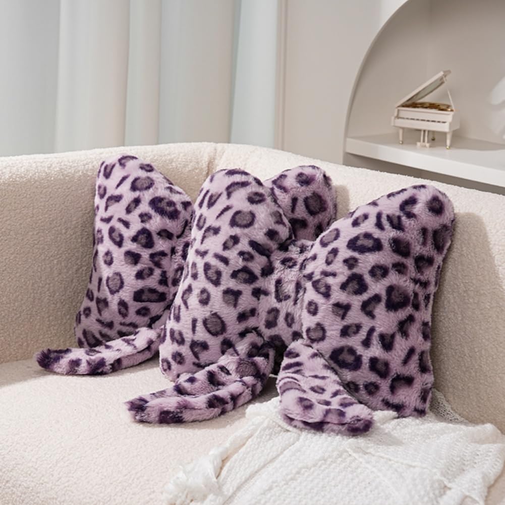 2Pcs Leopard Print Bow Throw Pillow Furry Bow Plush Pillows Cute Flower Plush Pillow Cheetah Home Decor Stuffed Bow Lumbar Pillow for Bed Couch Living Room Decor (Brown, 16in Bowknot)