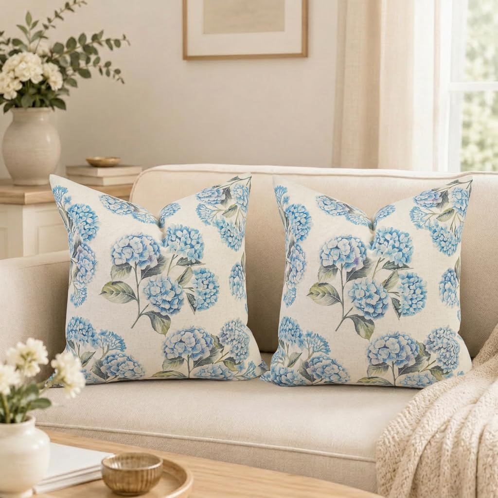 GEEORY Hydrangea Floral Throw Pillow Covers Set of 2, 18x18, Blue