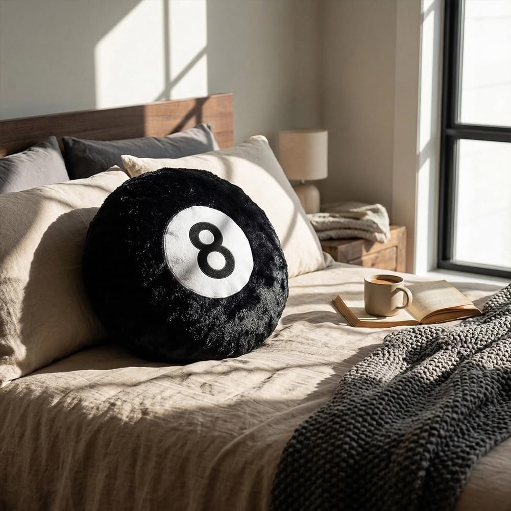 Black 8 Ball Pillow,14 inch 8 Ball Throw Pillow Soft Faux Fur Round Decorative Cushion Hugging Pillow for Home Bed, Sofa, Couch, Bedroom & Living Room