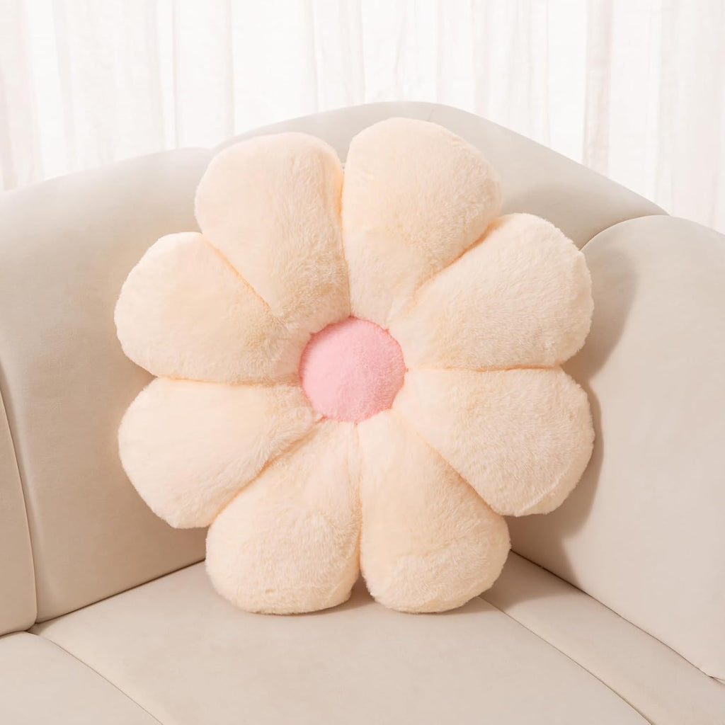 FIONOUT Beige Daisy Flower Pillow, Plush Throw Cushion, 17.7 Inch