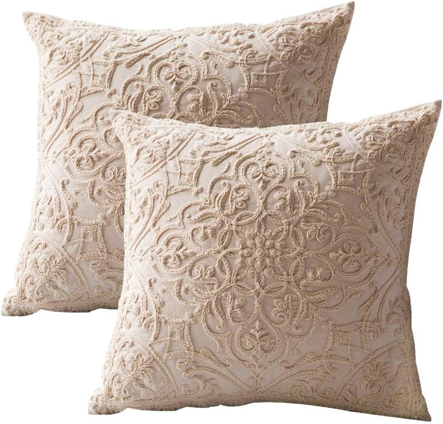 DOKOT Embroidery Throw Pillow Covers Square Cushion Case 100% Cotton with Zipper for Home Decorative 20x20 inches(50x50cm) Beige
