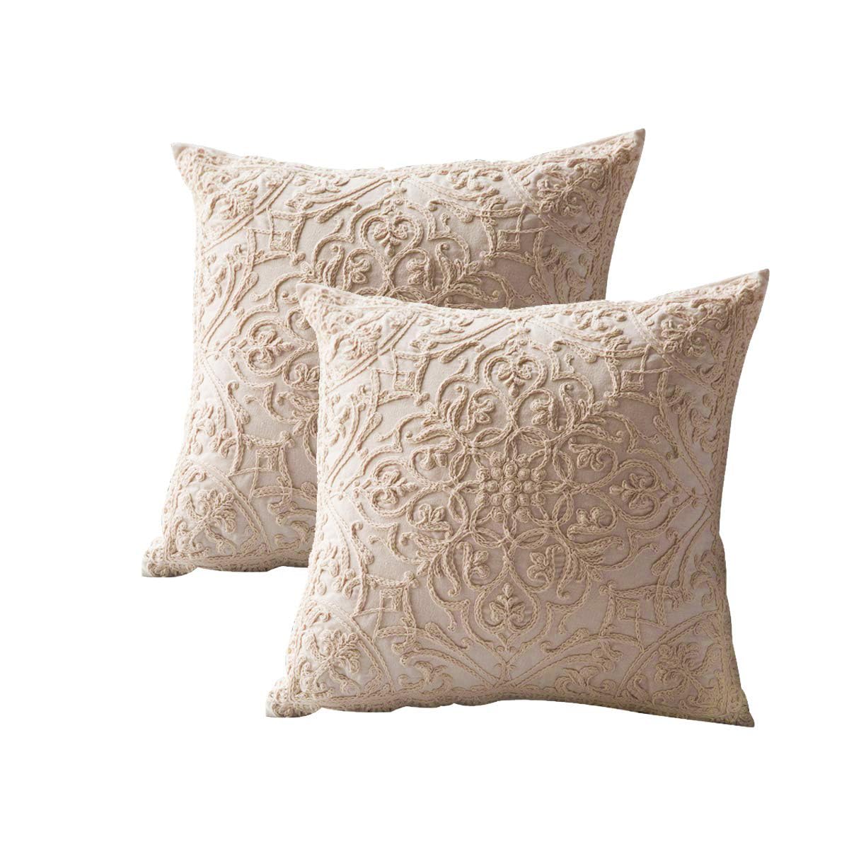 DOKOT Embroidery Throw Pillow Covers Square Cushion Case 100% Cotton with Zipper for Home Decorative 20x20 inches(50x50cm) Beige