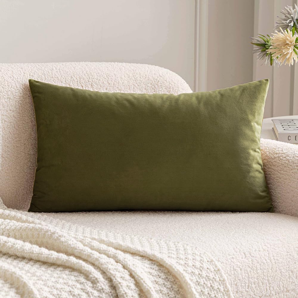 MIULEE 12x20 Inch Lumbar Velvet Christmas Throw Pillow Cover Army Green
