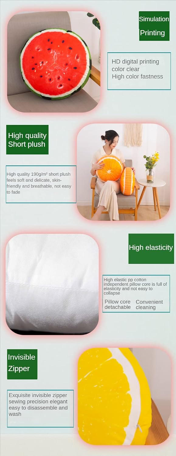 Fruit Pillow Creative Home Sofa Tatami Pillow Watermelon Futon Shaped Round Cushion Pillow(Green Lemon,35cm)