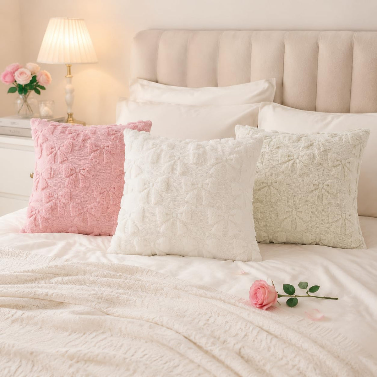 decorUhome Beige Bow Cute Girl Faux Fur Throw Pillow Covers 18x18 Set of 2