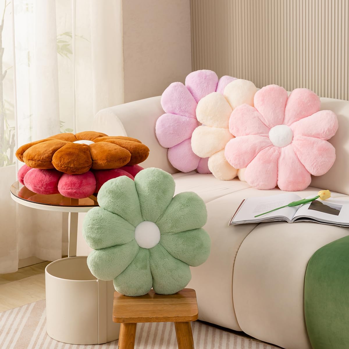 FIONOUT Beige Daisy Flower Pillow, Plush Throw Cushion, 17.7 Inch