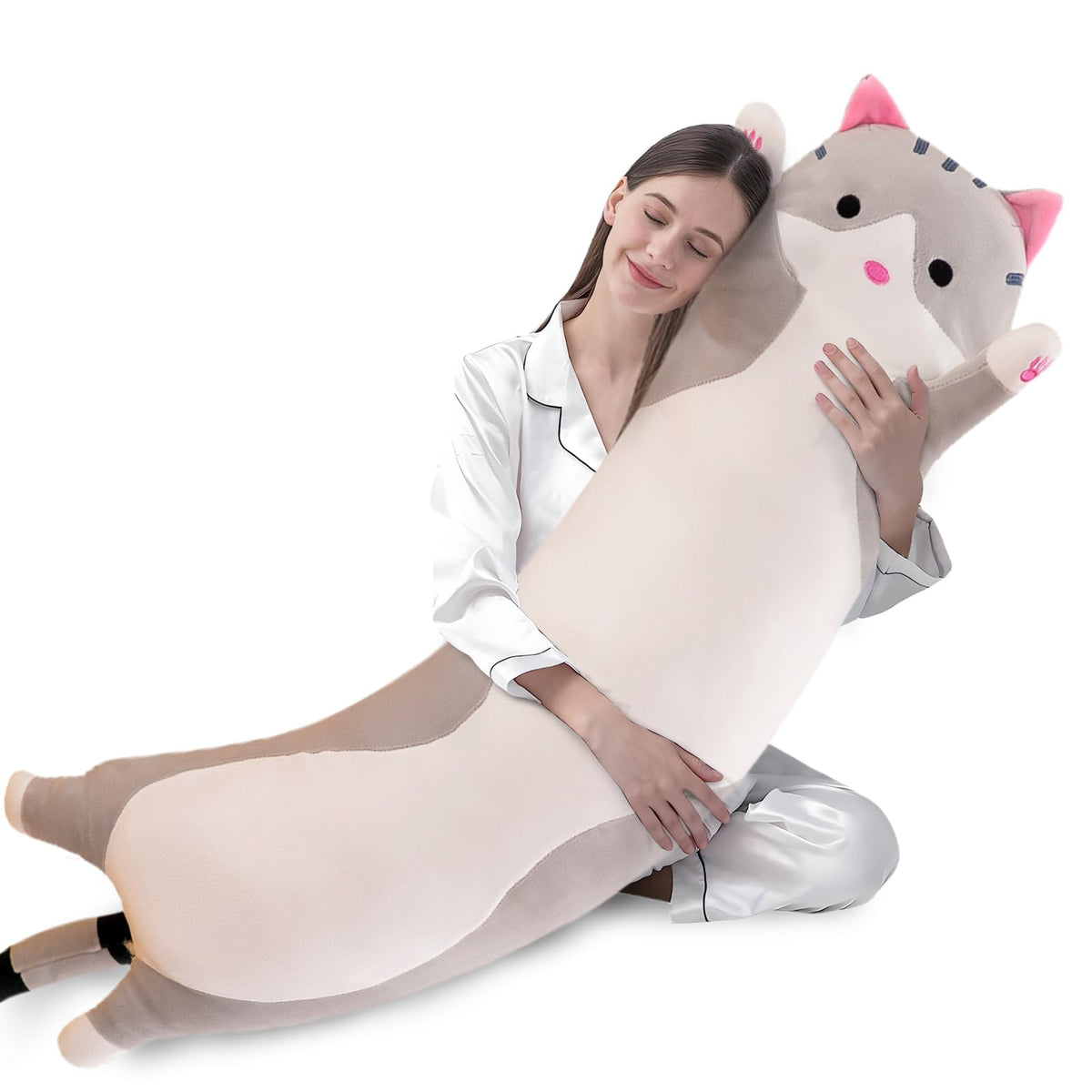 Shangman Long Cat Plush Pillow Stuffed Animal Toy Gift for Kids Grey 19.6in