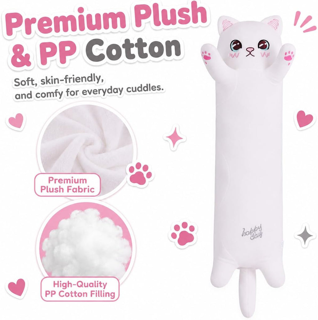 Cat Soft Plush Pillow Cute Cat Plush, Long Stuffed Cat Toy Kitten Gift for Kids Girlfriend(50CM,White)