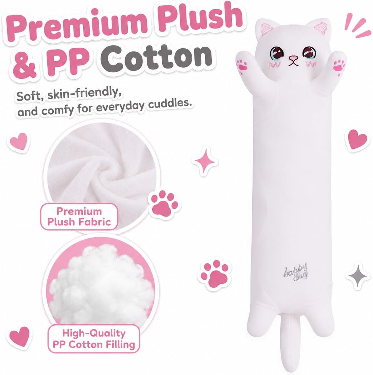 Cat Soft Plush Pillow Cute Cat Plush, Long Stuffed Cat Toy Kitten Gift for Kids Girlfriend(50CM,White)
