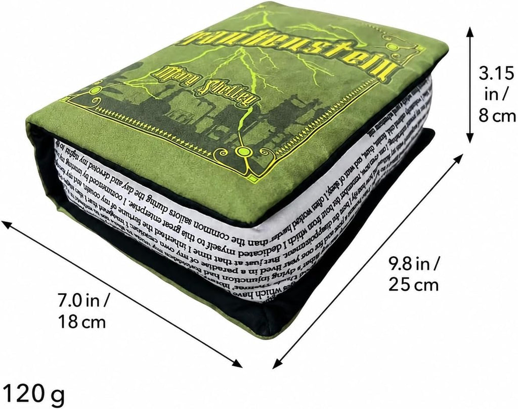 Frankenstein Book Pillow, 9-Inch Openable Memory Foam Throw Pillow, Book-Shaped Plush Cushion with Printed Page, Gothic Halloween Decor for Couch, Bed and Bookshelf, Gift for Horror Fans