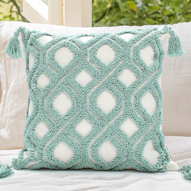 Boho Sofa Throw Pillow Covers – Exquisitely Crafted with Hand-Finished Tuft with Thick Cotton Tassel Details – Soft & Stylish Moroccan Decorative, 18x18inch (Spring Ruched)