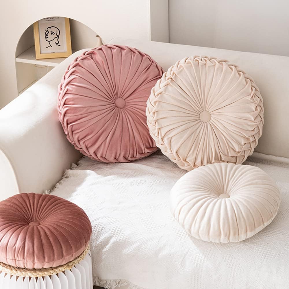 NatureMan Round Throw Pillow, Velvet Decoration Small Throw Pillow, Pumpkin Throw Pillow Cushion Suitable for Living Room Sofa Bed Floor 13.7 inches (Cream)