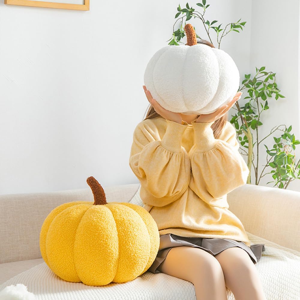 Simulated Pumpkin Pillow, Halloween Pumpkin Throw Pillow Cushion, 3D Pumpkin Shaped Pillow, Fall Decorations Stuffed Pillows for Thanksgiving, Christmas Bedroom Sofa Couch (White, 20CM)