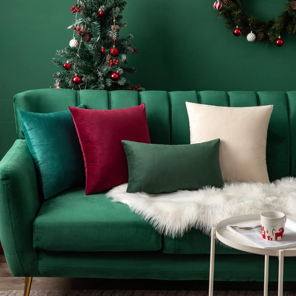 MIULEE 12x20 Inch Lumbar Velvet Christmas Throw Pillow Cover Army Green
