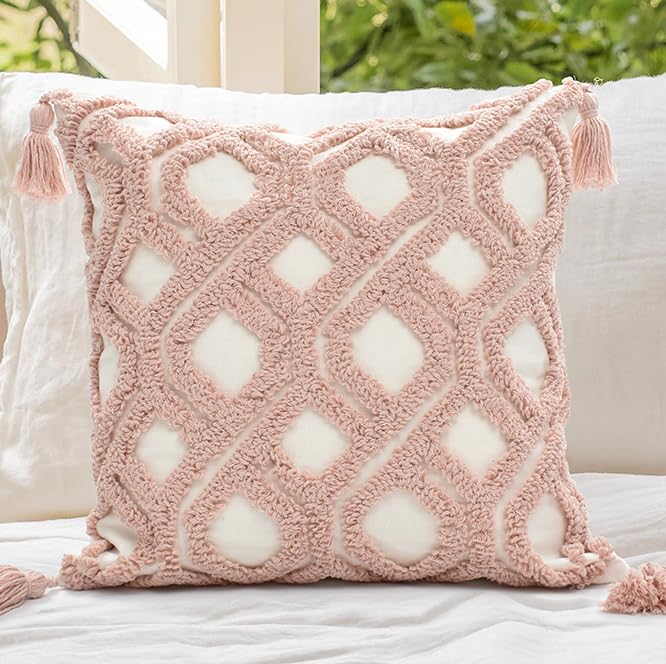 Boho Sofa Throw Pillow Covers – Exquisitely Crafted with Hand-Finished Tuft with Thick Cotton Tassel Details – Soft & Stylish Moroccan Decorative, 18x18inch (Spring Ruched)