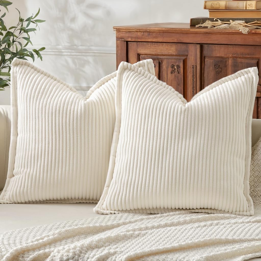 Mecatny Corduroy Fall Throw Pillow Covers 18x18 Set of 2 Cream White