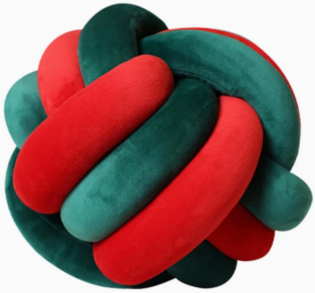 OUKEYI 8.5"/22cm Knot Ball Pillows, Round Throw Pillow Cushion Home Decoration Soft Plush Pillow, Throw Knotted Ball Pillow Handmade Children Room Decoration Round Plush Toy Pillow (White with red)