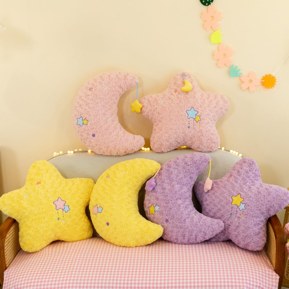 Star/Moon Pillows，20" Decorative Star Shaped Throw Pillow，Soft Bedside Sofa Pillows，for Home Decoration as Birthday (Pink Moon)