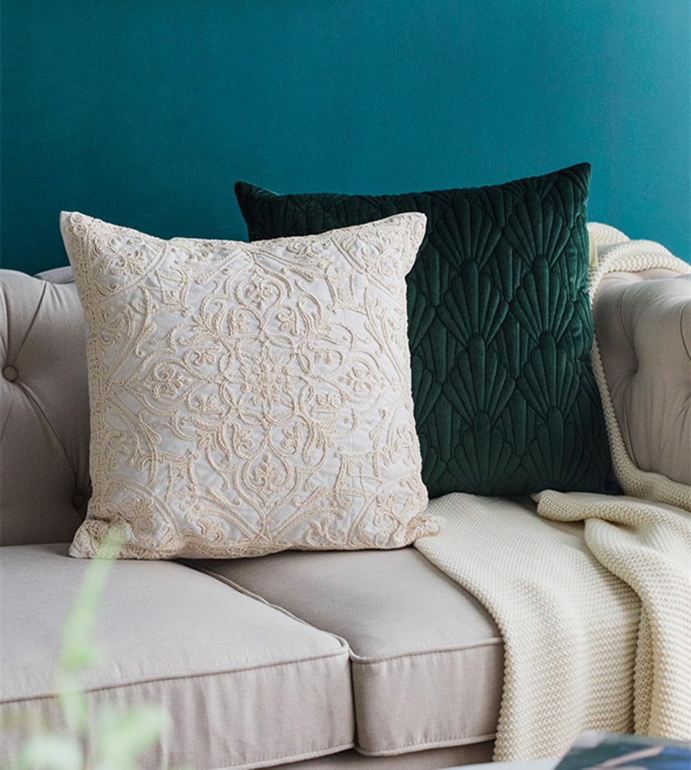 DOKOT Embroidery Throw Pillow Covers Square Cushion Case 100% Cotton with Zipper for Home Decorative 20x20 inches(50x50cm) Beige