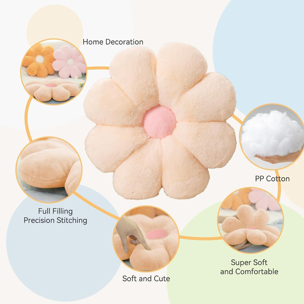FIONOUT Beige Daisy Flower Pillow, Plush Throw Cushion, 17.7 Inch