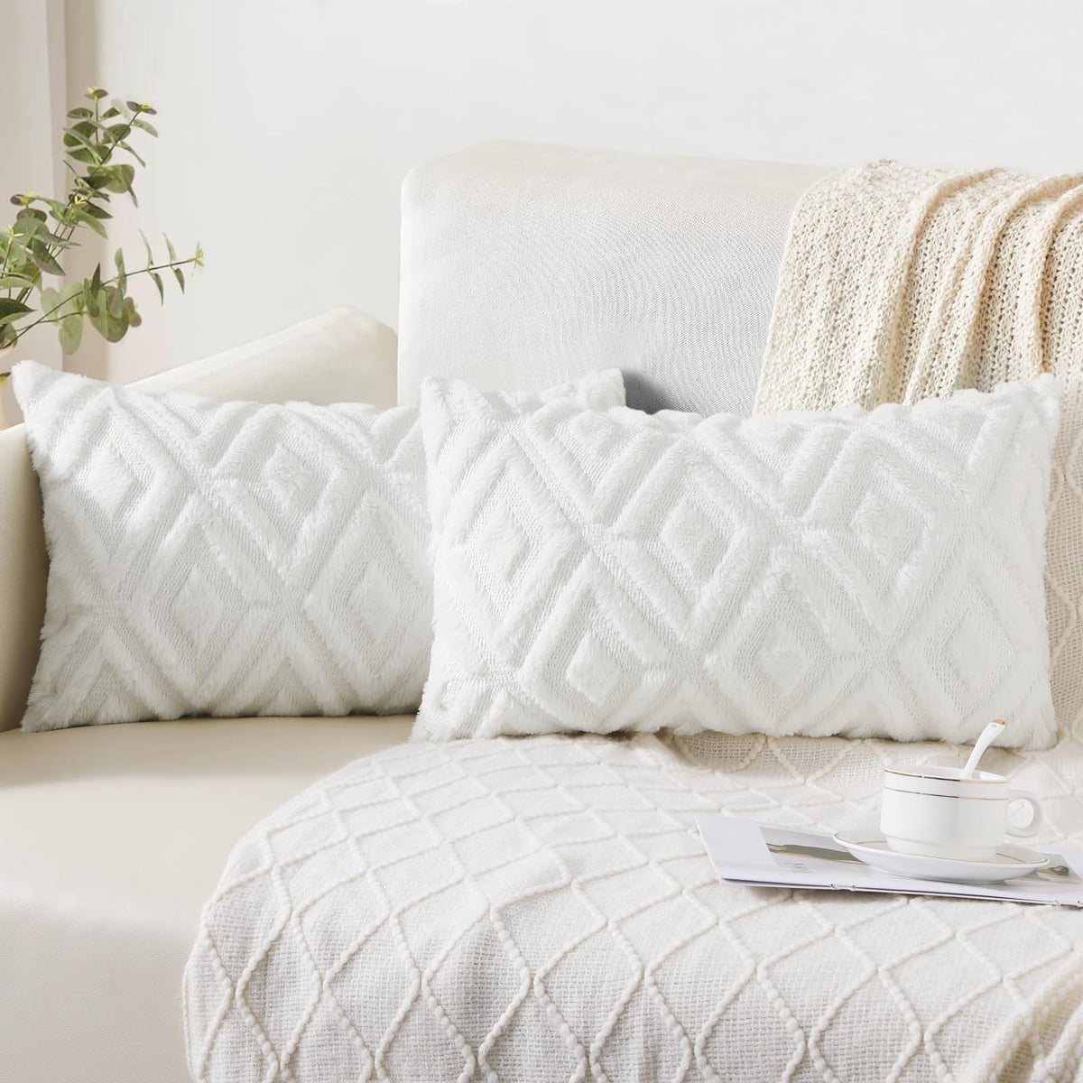 Pallene Fall Cream White Faux Fur Throw Pillow Covers 18x18 Set of 2