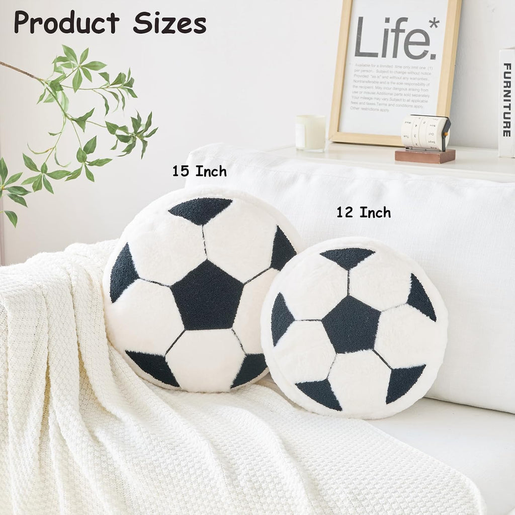 Soccer Pillow,12" Soccer Shaped Pillow Floor Cushion Seating Cushion with Faux Rabbit Fur,Round Soccer Throw Pillow Room Décor for Sofa Couch Living Room (Red)