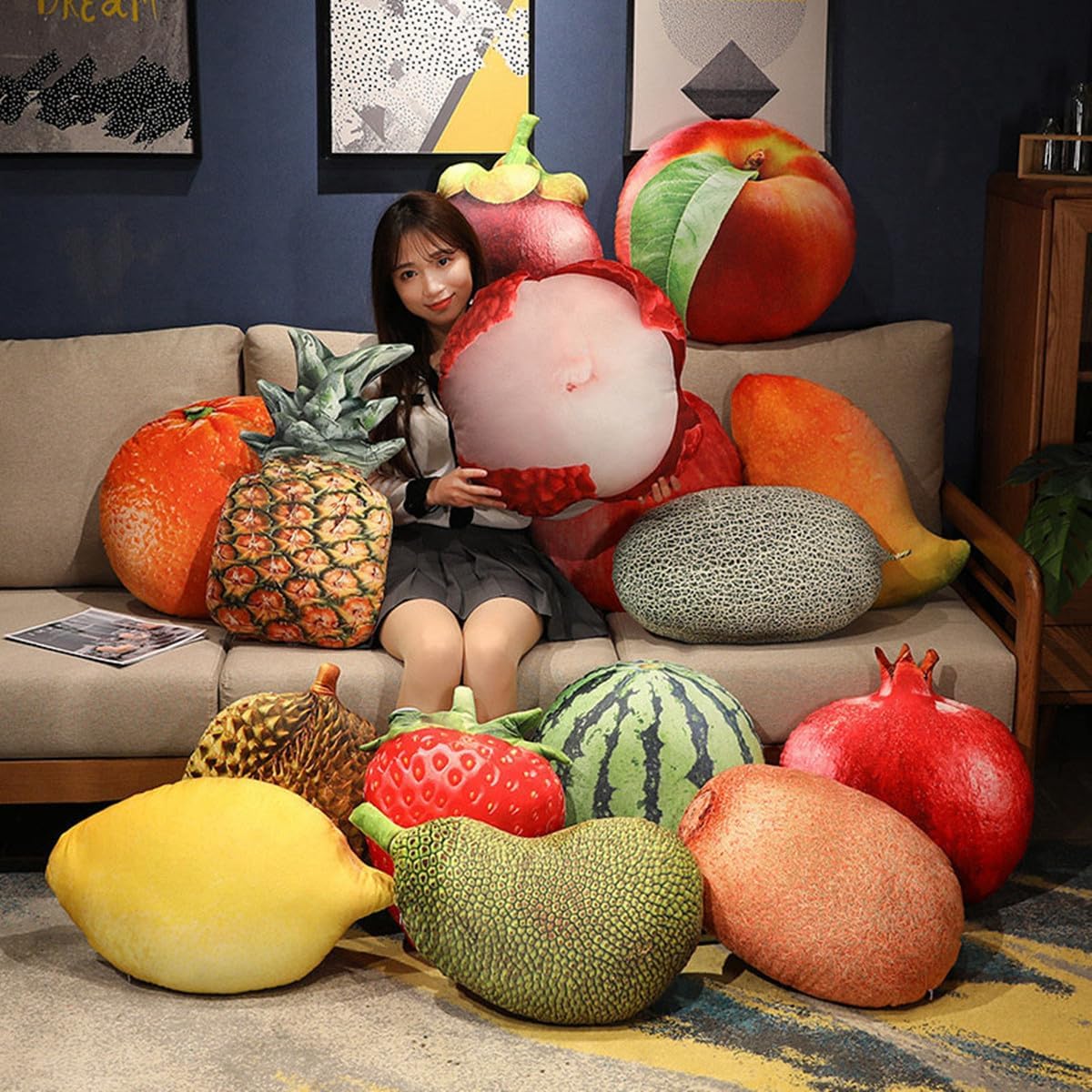 WAIUYIA Simulation Fruit Throw Pillow Kawaii Stuffed Fruit Plush Throw Pillow Decorative Cute Soft Fruit Plush Pillows Cushions for Bed Couch Chair Sofa Home Decor (Jackfruit)