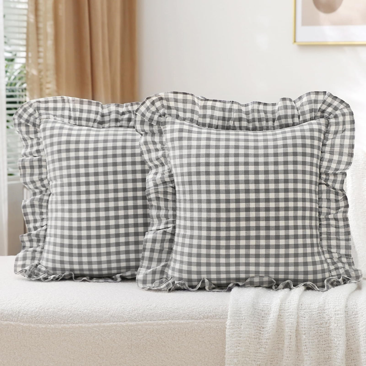 2 Pack Taupe White Gingham Ruffle Throw Pillow Covers 18''x18''