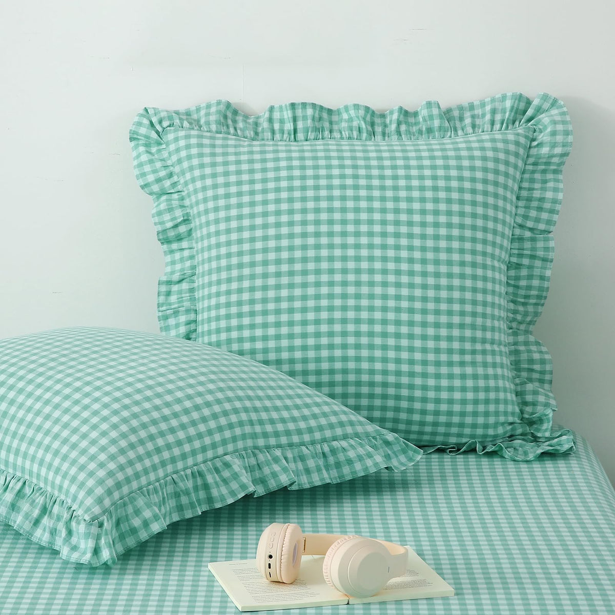 2 Pack Taupe White Gingham Ruffle Throw Pillow Covers 18''x18''