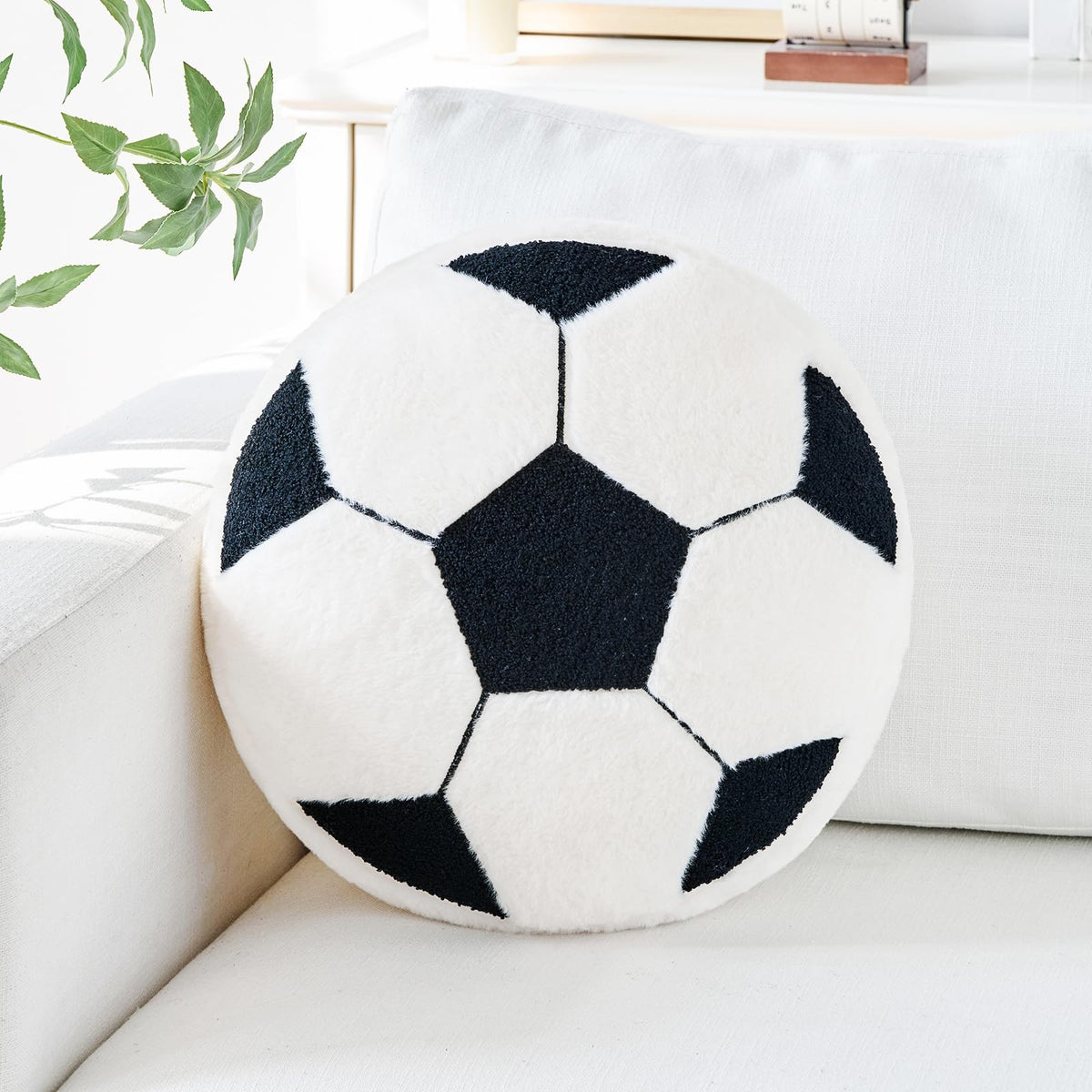Soccer Pillow,12" Soccer Shaped Pillow Floor Cushion Seating Cushion with Faux Rabbit Fur,Round Soccer Throw Pillow Room Décor for Sofa Couch Living Room (Red)