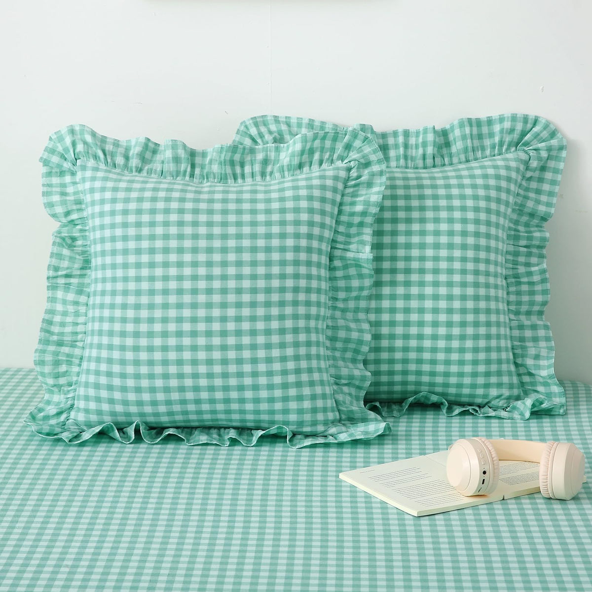 2 Pack Taupe White Gingham Ruffle Throw Pillow Covers 18''x18''