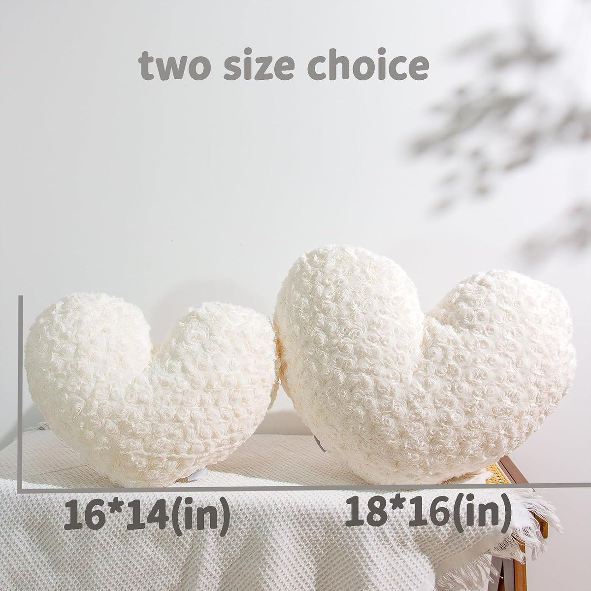16" Creamy Pearl White Heart Pillow, Luxury 600GSM Rose Textured Faux Rabbit Fur, Super Matte Soft Aesthetic Decorative Throw Pillow for Couch Bed Sofa, Neutral Home Decor Heart Cushion